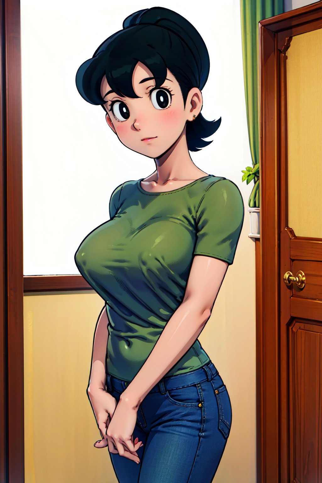 1girl, solo,mature woman, michiko_minamoto, black hair, black eyes, looking at viewer, short jeans, green shirt