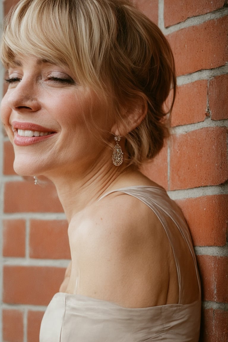 Fiona Bruce, a striking blonde woman in her 50s, radiates a sultry smile as she leans in for a provocative French kiss. Her skin, bearing subtle imperfections, glistens under natural lighting that casts a warm glow on the brick walls surrounding us. She's dressed to impress in a daring latex dress, its curves accentuated by the shallow depth of field. Grey eyes gleam with mischief, drawing me in like a moth to flame. The 90s vibe is palpable, as if we're stuck in a nostalgic time capsule. In the style of Richard Avedon, I capture this intimate moment on Kodakchrome film, with a grainy texture and light leak adding an air of authenticity. RAW emotion pours out of this shot, capturing the essence of Fiona's provocative allure.