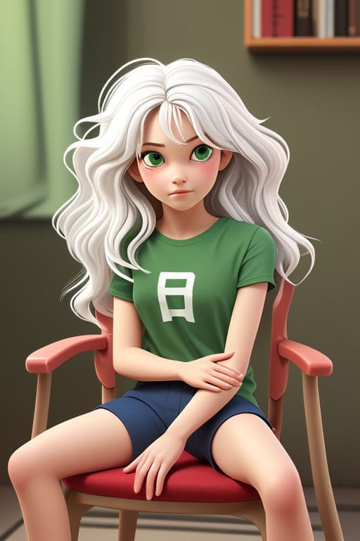 Girl, age 9, long white hair, green t-shirt and shorts, sitting on a chair facing left.