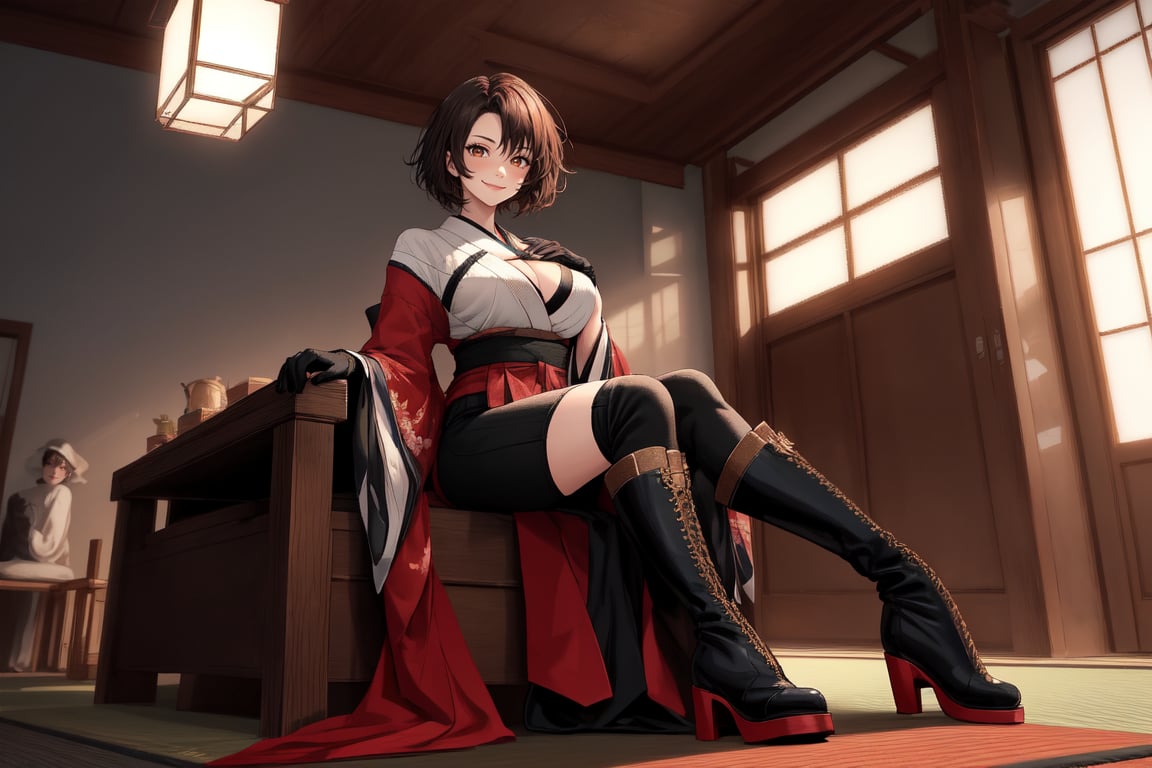  score_9, score_8_up, score_7_up, 1girl, aged 30, a woman, short red hair, brown eyes, average breasts, bohemia kimono, black boots, black gloves, seductive smile, 
cross-legged sitting, looking at viewer, indoors, japanese room, muted color
