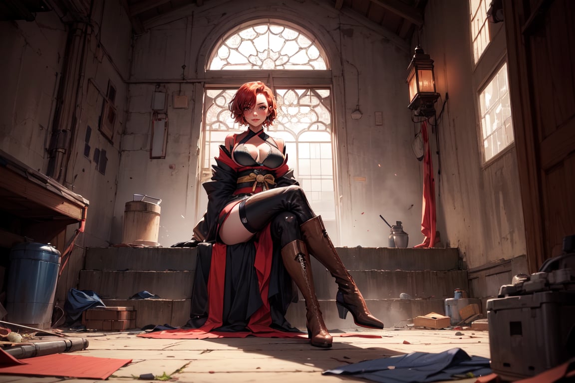  a woman, short red hair, brown eyes, average breasts, bohemia kimono, black boots, black gloves, seductive smile, cross-legged sitting, looking at viewer, indoors, muted color
