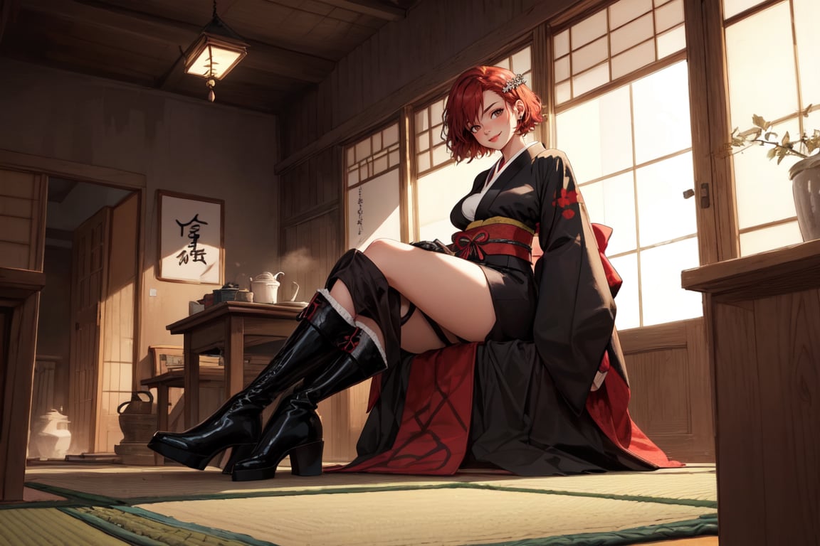  score_9, score_8_up, score_7_up, 1girl, aged 30, a woman, short red hair, brown eyes, average breasts, bohemia kimono, black boots, black gloves, seductive smile, 
cross-legged sitting, looking at viewer, indoors, japanese room, muted color
