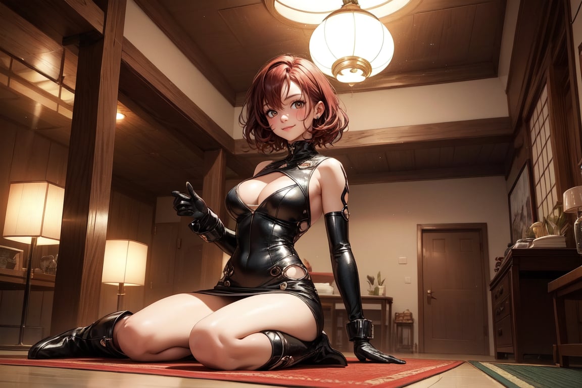 A seductive smile spreads across the face of a woman, aged 30, with short fiery red hair and warm brown eyes. She sits cross-legged on a traditional Japanese mat, surrounded by muted tones, her gaze directed at the viewer. Her average-sized breasts are showcased under a revealing one-piece red bodycon mini dress, while black boots and gloves add an air of mystery. The camera captures her inviting pose, emphasizing intimacy as she basks in the warm lighting of the indoor setting.