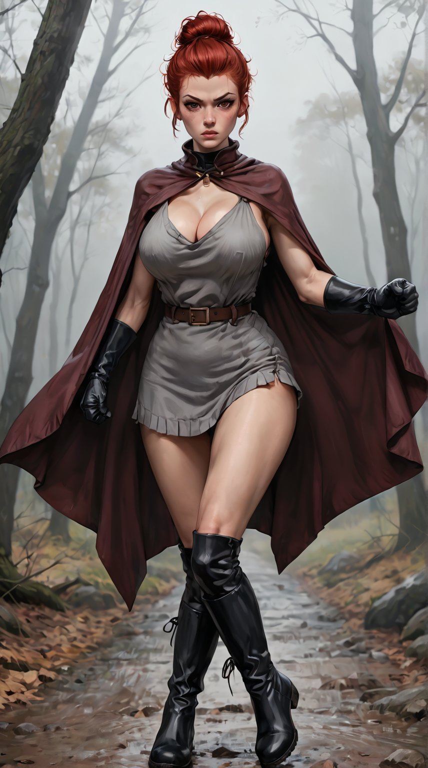  a woman, slim body, Pompadour and Sideburns red hair, brown eyes, large breasts, poncho, black boots, black gloves, neutral face, fighting, outdoors, muted color