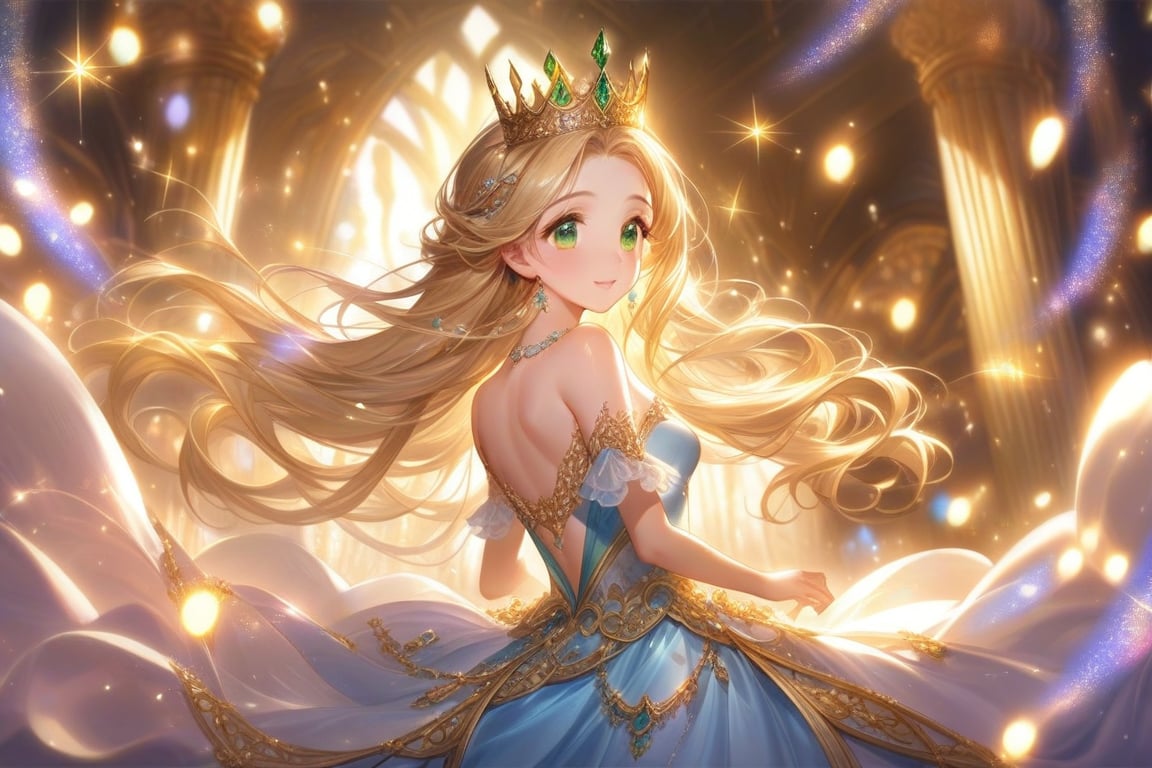 A whimsical scene unfolds as the 23-year-old princess, with her blond locks flowing freely down her back, twirls around her partner in a lavish ballroom. Her oval face aglow with excitement, her large green eyes sparkle like the gems on her golden crown. The light blue dress, adorned with intricate gold details, shimmers under the twinkling lights as she moves in harmony with her partner's gentle guidance.