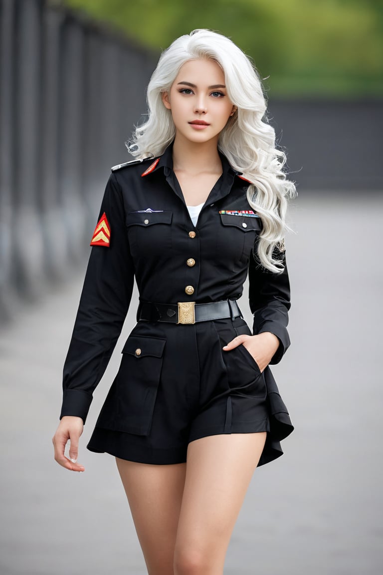 Age: about 24 years old
Height: average (about 1.65 meters)
Skin: white
Hair: long, wavy black, slightly blown by the wind
Eyes: wide, dark brown, sharp and confident
Face: strong features, with a defined jaw and features that suggest strength and courage
Clothing: She wears short, elegant clothes, including a short military shirt and shorts, with high military boots. Around her waist,