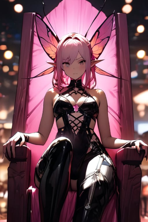 Fairy Goddess sitting on throne. Fairy Goddess has pink hair. Fairy Wings. Dominatrix. (masterpiece, top quality, best quality, official art, beautiful and aesthetic:1.2), (1girl:1.4), portrait, extreme detailed, highest detailed, simple background, 16k, high resolution, perfect dynamic composition, bokeh, (sharp focus:1.2), super wide angle, high angle, high color contrast, medium shot, depth of field, blurry background,,itacstl