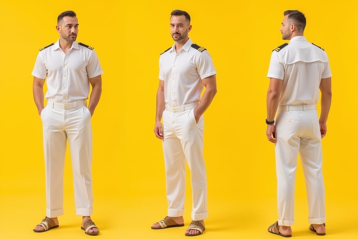 multiple views, a handsome man, japaness sailors summer dress uniform, simple background, bright yellow background, full body