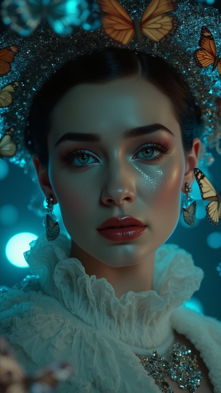 Close-up portrait of Audrey Hepburn in a cyberpunk rococo cosplay dress and hat, surrounded by butterflies, styled in a retro and fantasy blend. The image is rendered in 8K Octane, featuring fantasy art behavior and water magic elements. Captured with UHD resolution, the scene showcases a fantasy photo shoot with intricate costume design, reminiscent of a rococo queen. The lighting is dimly lit and dramatic, enhancing the HDR and hyper-realistic quality. The masterpiece boasts absurdres and best quality at 1.3, with a perfect face, detailed hands and eyes, and intricate details at 1.3. The colors are cold and dark, with dynamic lighting and ultra-detailed elements.