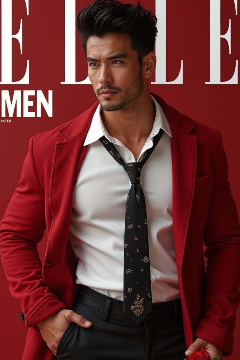 Photorealistic 8k RAW photo of a magazine cover featuring a full-body muscular man with a handsome face and tan skin, sporting short black hair and a clean-shaven face, undercut hairstyle, no beard. He is wearing a white button-up shirt, black tie with a design, and a red jacket with rolled-up sleeves, holding a red rose in his right hand. The word ELLE MEN is in white letters. The image is ultra-detailed with high-resolution clarity, natural lighting, and a focused composition on his stylish attire and confident pose.