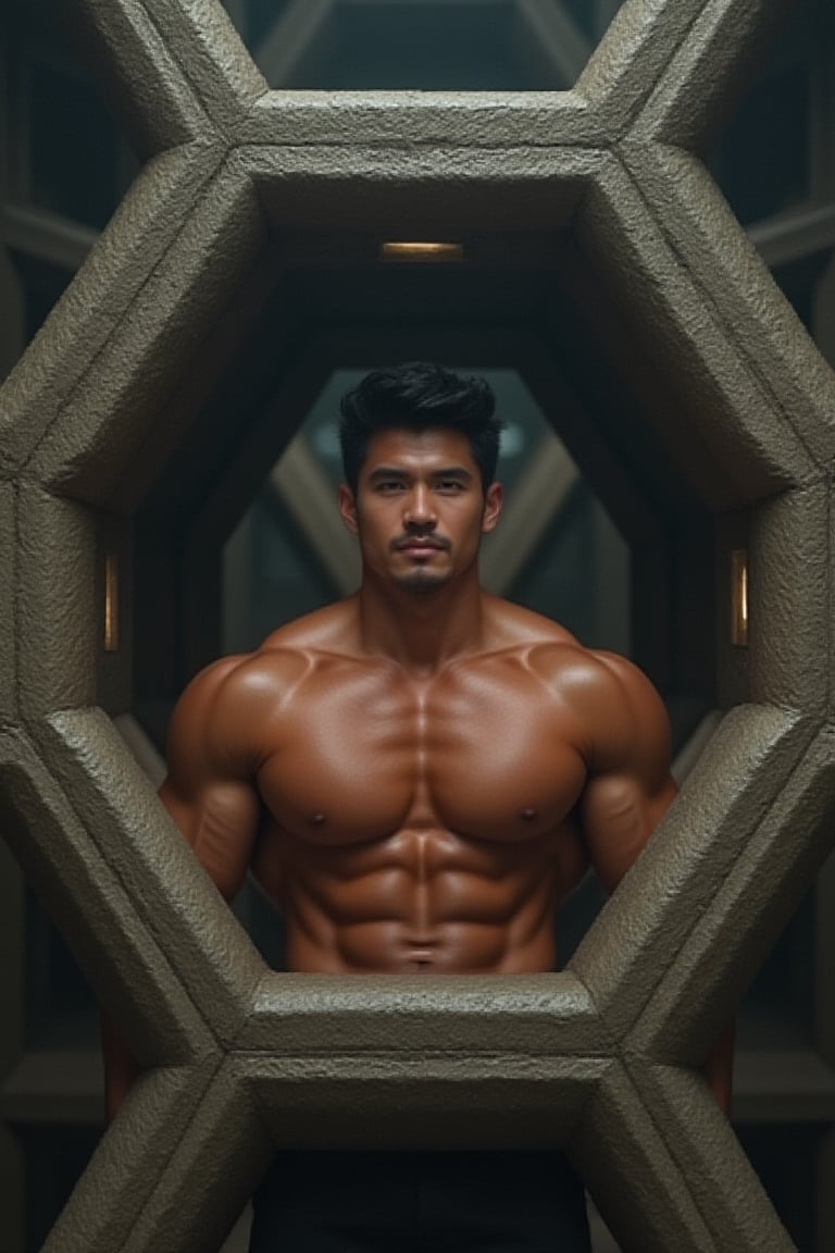 Full-body shot of a muscular man with a handsome face, tan skin, short black hair, clean-shaven face, trapped in the central hexagonal cell of a massive honeycomb-like structure of interconnected hexagonal buildings, each cell just large enough to accommodate one person. Ultra-detailed, masterpiece, best quality, sharp focus, 8k photorealistic, RAW photo, seeds: 1667390288. Dynamic lighting and sharp focus on the subject, with intricate details and depth of field, showcasing the unique architecture and the man's predicament within it.
