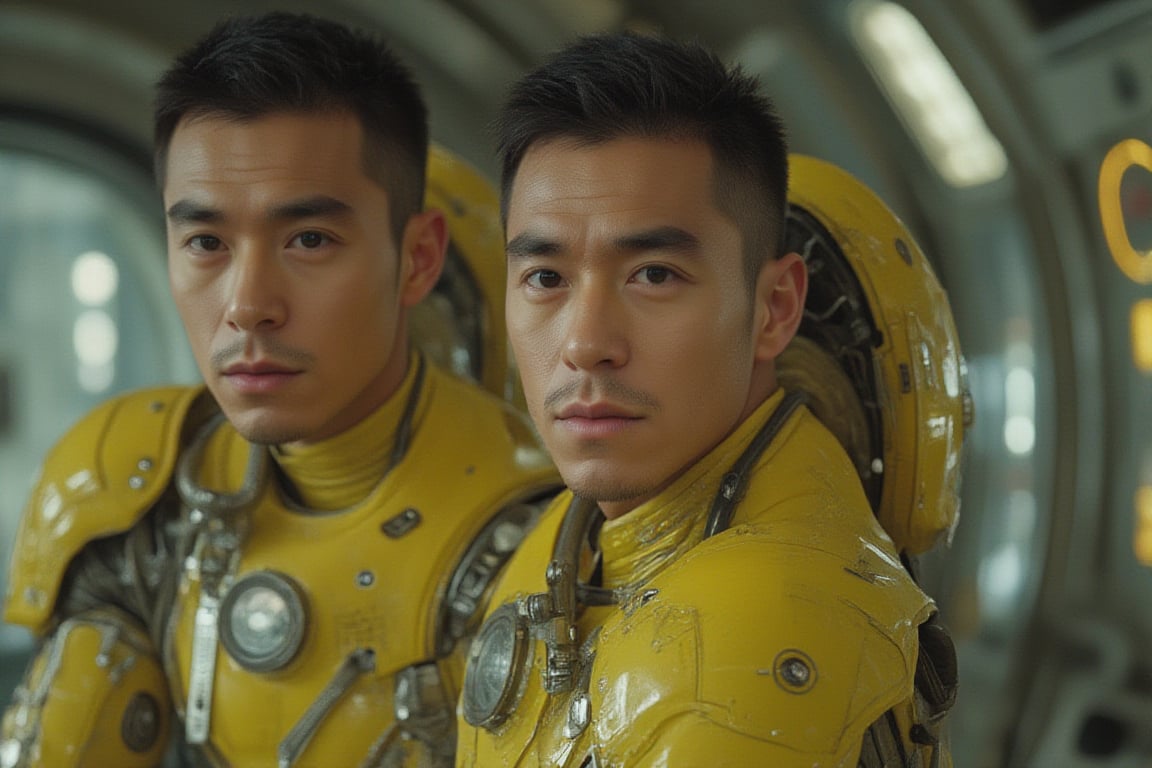 Photorealistic 8k RAW photo of two full-body, muscular men with a handsome face and tan skin, short black hair, clean-shaven face, teethless smile. Wearing a high-tech bright yellow latex tight suit with see-through elements and bright yellow gloves, lying on his back, looking directly at the viewer, view from above, inside a futuristic spaceship. Ultra-detailed, sharp focus on his face and intricate suit. High contrast lighting highlights his tan skin and futuristic setting. Seed: 1667390288.