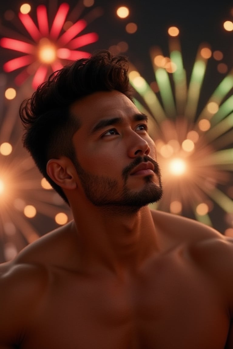 Photorealistic 8k RAW photo of a full-body muscular man with a handsome face and tan skin, sporting short black hair and a clean-shaven face, undercut hairstyle, no beard. He is looking at fireworks, positioned in the bottom left corner, with a background featuring vibrant red, green, and yellow fireworks. The image is ultra-detailed with high-resolution clarity, natural lighting, and a focused composition on his awe-inspired expression and the festive backdrop.