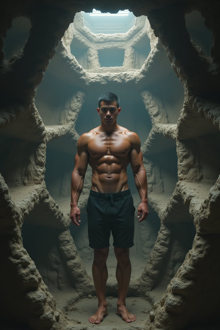 Full-body shot of a muscular man with a handsome face, tan skin, short black hair, clean-shaven face, trapped in the central hexagonal cell of a massive honeycomb-like structure of interconnected hexagonal buildings, each cell just large enough to accommodate one person, with his limbs pressed against the cell walls. Ultra-detailed, masterpiece, best quality, sharp focus, 8k photorealistic, RAW photo, seeds: 1667390288. Dynamic lighting and sharp focus on the subject, with intricate details and depth of field, showcasing the unique architecture and the man's predicament within it.
