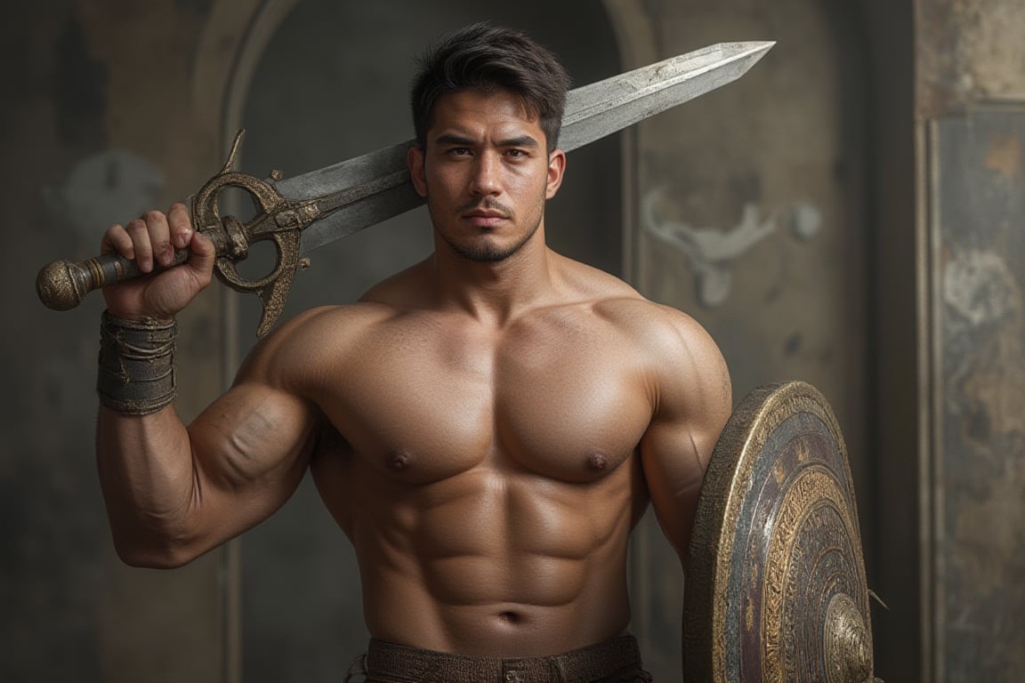 Full-body muscular man with a handsome face and tan skin, sporting short black hair and a clean-shaven face, undercut hairstyle, no beard, Roman Centurion, brandishing a sword and shield, male focus. Masterpiece, Ultra-detailed, big pectorals. Seeds: 2833187910, 8k photorealistic, RAW photo.