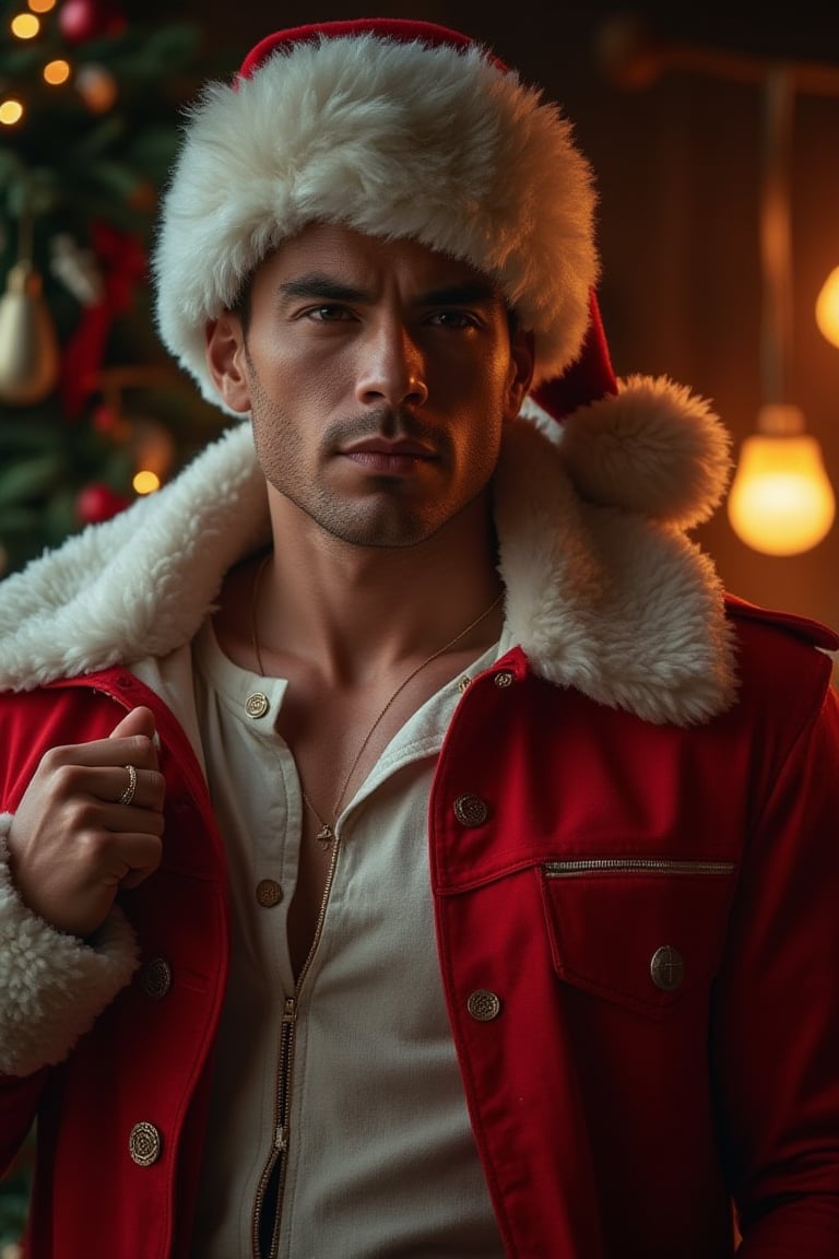 A photorealistic 8k image of a handsome, muscular man dressed as Santa Claus, wearing detailed Christmas clothing. The scene is ultra-detailed with realistic textures and best quality shadows, capturing a RAW, clear, and noise-free appearance. The man exudes a sexy, realistic presence, framed in a well-lit setting that highlights his features and festive attire.