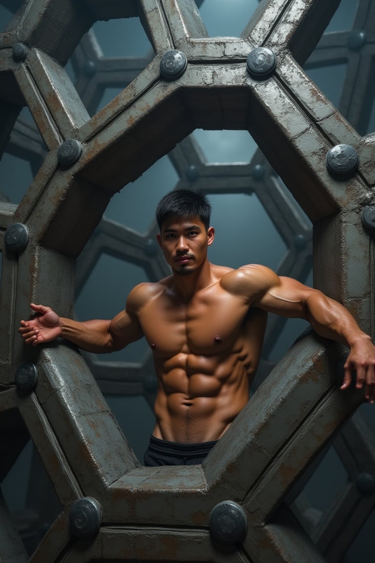 Full-body shot of a muscular man with a handsome face, tan skin, short black hair, clean-shaven face, trapped in the central hexagonal cell of a massive honeycomb-like structure made of metal, each cell measuring one meter per side and just large enough to accommodate one person from head to toe, precise and intricate connections, attempting to climb out of the cell to escape. Ultra-detailed, masterpiece, best quality, sharp focus, 8k photorealistic, RAW photo, seeds: 1667390288. Dynamic lighting and sharp focus on the subject, with intricate details and depth of field, showcasing the unique metal architecture and the man's predicament within it.