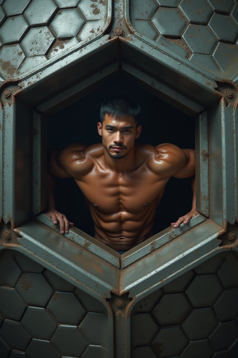 Full-body shot of a muscular man with a handsome face, tan skin, short black hair, clean-shaven face, trapped in the central hexagonal cell of a massive honeycomb-like structure made of metal, each cell just large enough to accommodate one person, with precise and intricate connections, attempting to climb out of the cell to escape. Ultra-detailed, masterpiece, best quality, sharp focus, 8k photorealistic, RAW photo, seeds: 1667390288. Dynamic lighting and sharp focus on the subject, with intricate details and depth of field, showcasing the unique metal architecture and the man's predicament within it.