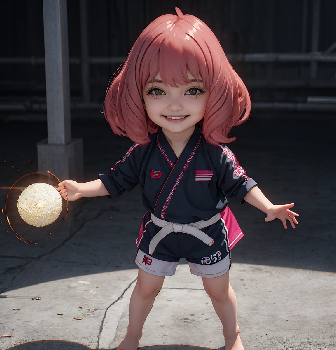 masterpiece, best quality, high resolution, PVC, render, chibi, high resolution, single woman, Anya Forger, pink hair, bob hair, grey eyes, smiling, selfish target, judo, wearing judo wear, cheering, judo hall, chibi, smiling, grinning, self-satisfied, full body, chibi, 3D figure, toy, doll, character print, front view, natural light, ((realistic)) 1.2)), dynamic pose, medium movement, perfect cinematic perfect lighting, perfect composition, Anya Forger Spy x Family,