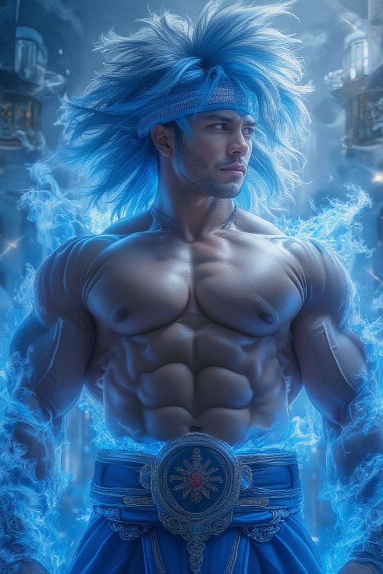 A low-angle, close-up shot of a muscular man wearing a royal blue headband and royal blue belt, complemented by royal blue wristbands, and engulfed in blue flames. His vibrant black hair and focused eyes are highlighted against a russian royal palace background, creating a striking contrast. The image features little sunny elements and a watercolor aesthetic, with sharp focus on big pectorals. Rendered in 8k, the ultra-detailed representation captures the man's dynamic and powerful presence.