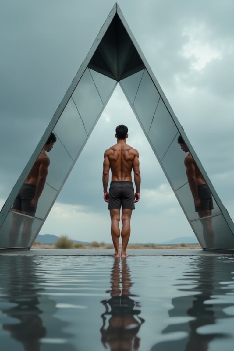 View from one end of a triangular prism constructed with three mirrors, each 5 meters long and wide, showing a full-body muscular man with a handsome face, tan skin, short black hair, standing inside the mirrored structure. Ultra-detailed, masterpiece, best quality, sharp focus, 8k photorealistic, RAW photo, seeds: 1667390288. Dynamic lighting and sharp focus on the subject, with intricate details and depth of field, showcasing the reflective environment and the man's presence within it.