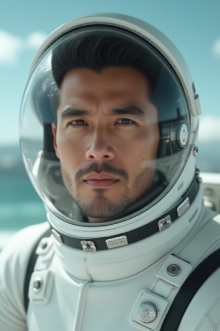 Photorealistic 8k RAW photo of a close-up of a full-body muscular man with a handsome face and tan skin, wearing an astronaut space suit and glass helmet, floating in the air against a transparent background. The image is ultra-detailed with high-resolution clarity, natural lighting, and a focused composition on his futuristic attire and the ethereal backdrop.