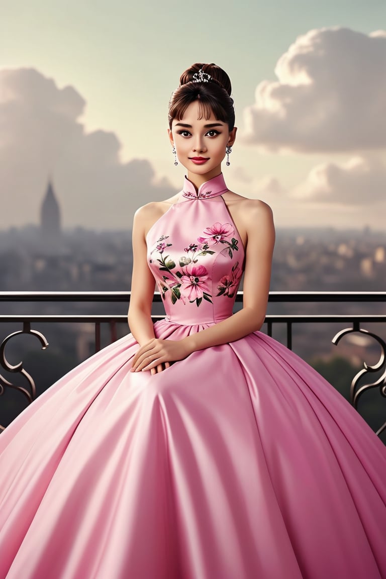 Audrey Hepburn, solo, looking at viewer, brown hair, black hair, dress, , jewelry, sitting, flower, earrings, sky, cloud, high heels, chinese clothes, floral print, pink dress, china dress, realistic.