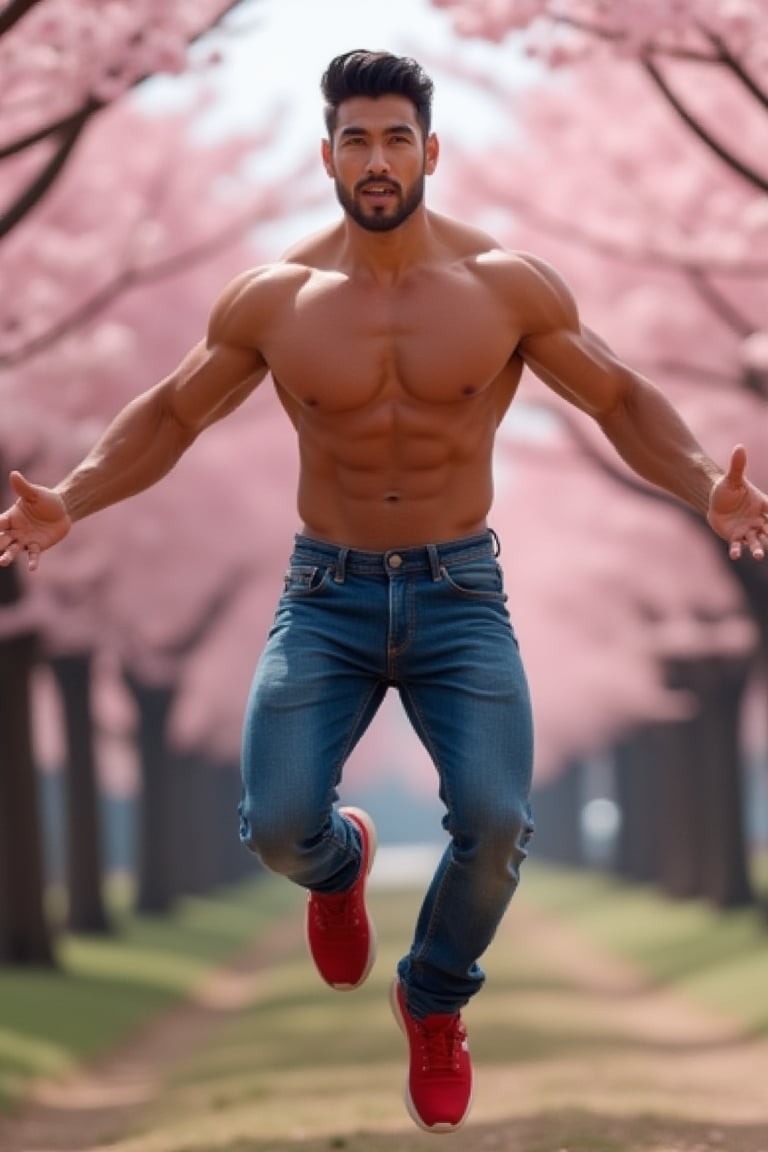 Photorealistic 8k RAW photo of a full-body muscular man with a handsome face and tan skin, sporting short black hair and a clean-shaven face, undercut hairstyle, no beard. He is dressed in blue jeans and red shoes, flying in the air, set against a backdrop of a cherry blossom forest. The image is ultra-detailed with high-resolution clarity, natural lighting, and a focused composition on his dynamic pose and the beautiful spring scenery.