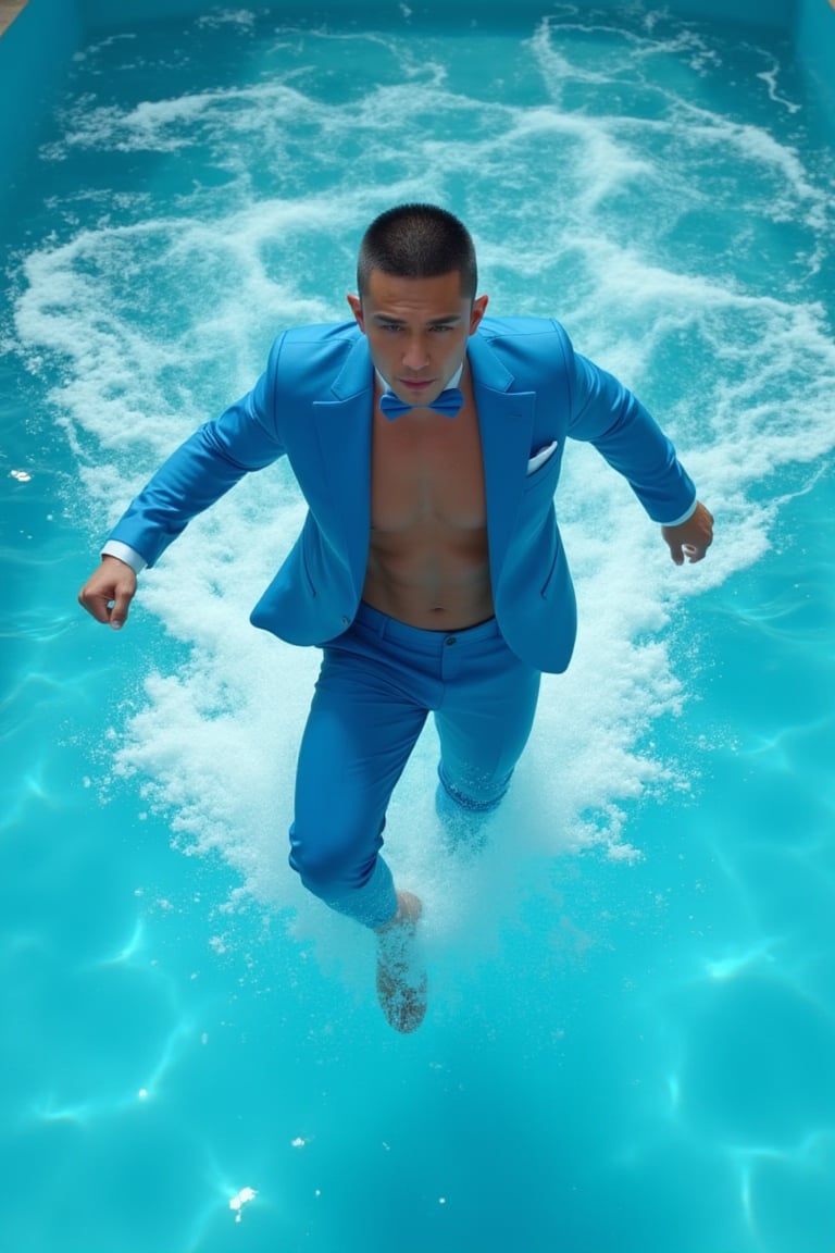 View from above, a full-body muscular man with a handsome face and tan skin, sporting short black hair and a clean-shaven face, undercut hairstyle, no beard, in a bright blue tuxedo, seen in the middle of a large pool, falling in a躺著的方式. Wearing a bright blue bow tie and pants, left foot in the air, right foot on the water, water splashing around him, creating a dramatic splashing effect, like a super big waves. Masterpiece, Ultra-detailed. Seeds: 2833187910, 8k photorealistic, RAW photo.