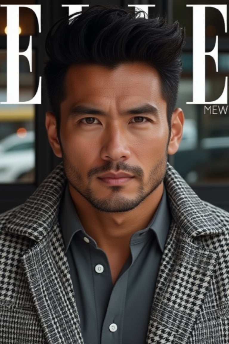 Photorealistic 8k RAW photo of a magazine cover featuring a full-body muscular man with a handsome face and tan skin, sporting short black hair and a clean-shaven face, undercut hairstyle, no beard. He is wearing a gray collared shirt and a houndstooth jacket. The word ELLE MEN is in white letters. The image is ultra-detailed with high-resolution clarity, natural lighting, and a focused composition on his stylish attire and confident pose.