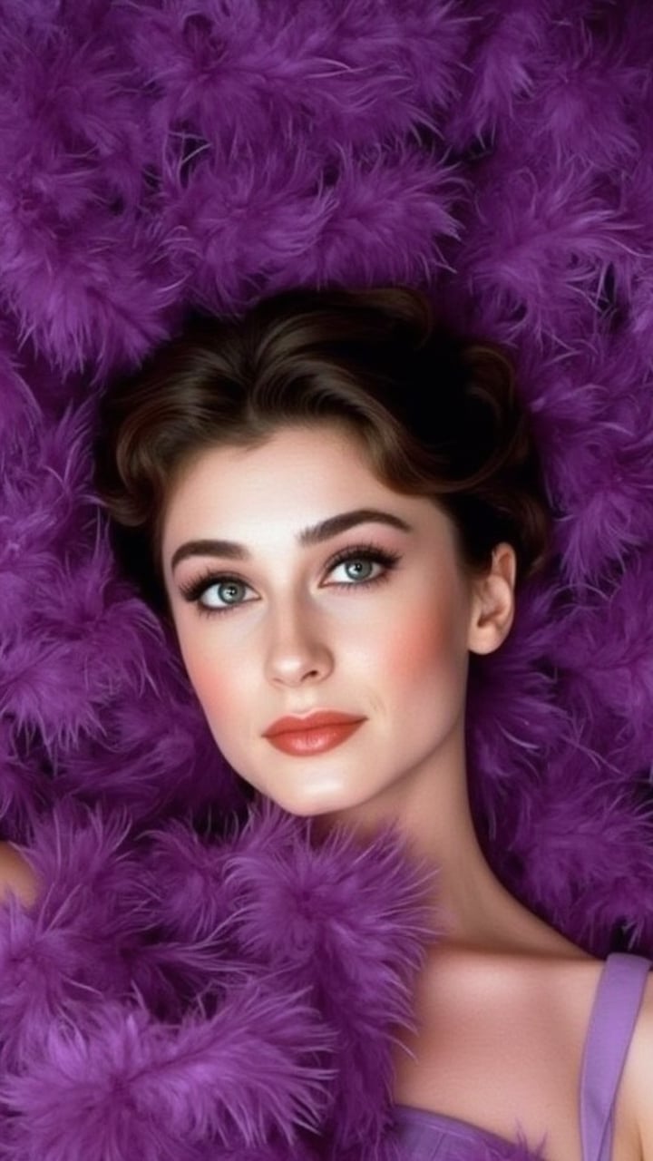 Audrey Hepburn lay with her long, loose hair tangled in a large number of purple feather boas.