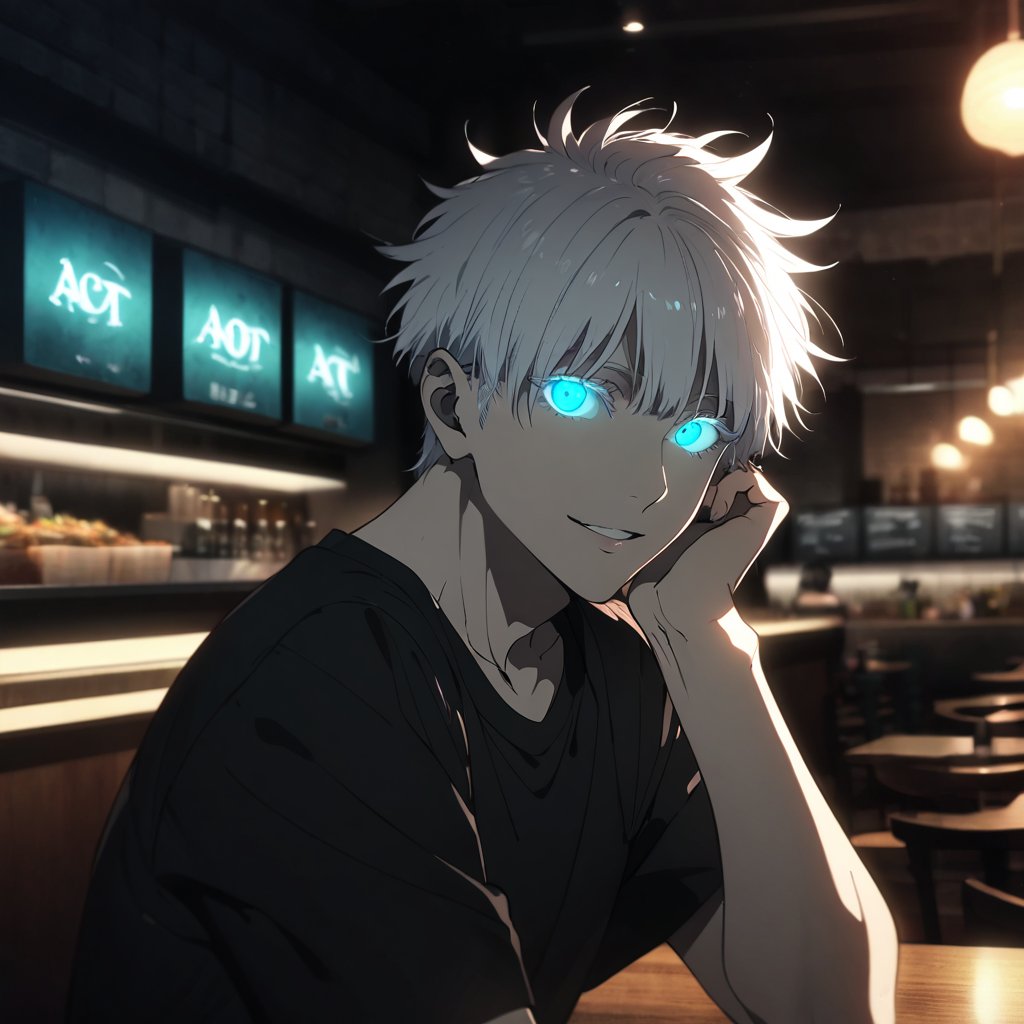 solo, looking at viewer, smile, short hair, bangs, blue eyes, shirt, 1boy, upper body, white hair, short sleeves, male focus, outdoors, parted lips, hand up, black shirt, glowing, glowing eyes, colored eyelashes, in restaurant, gojou satoru, satorugojo,AOT_STYLE