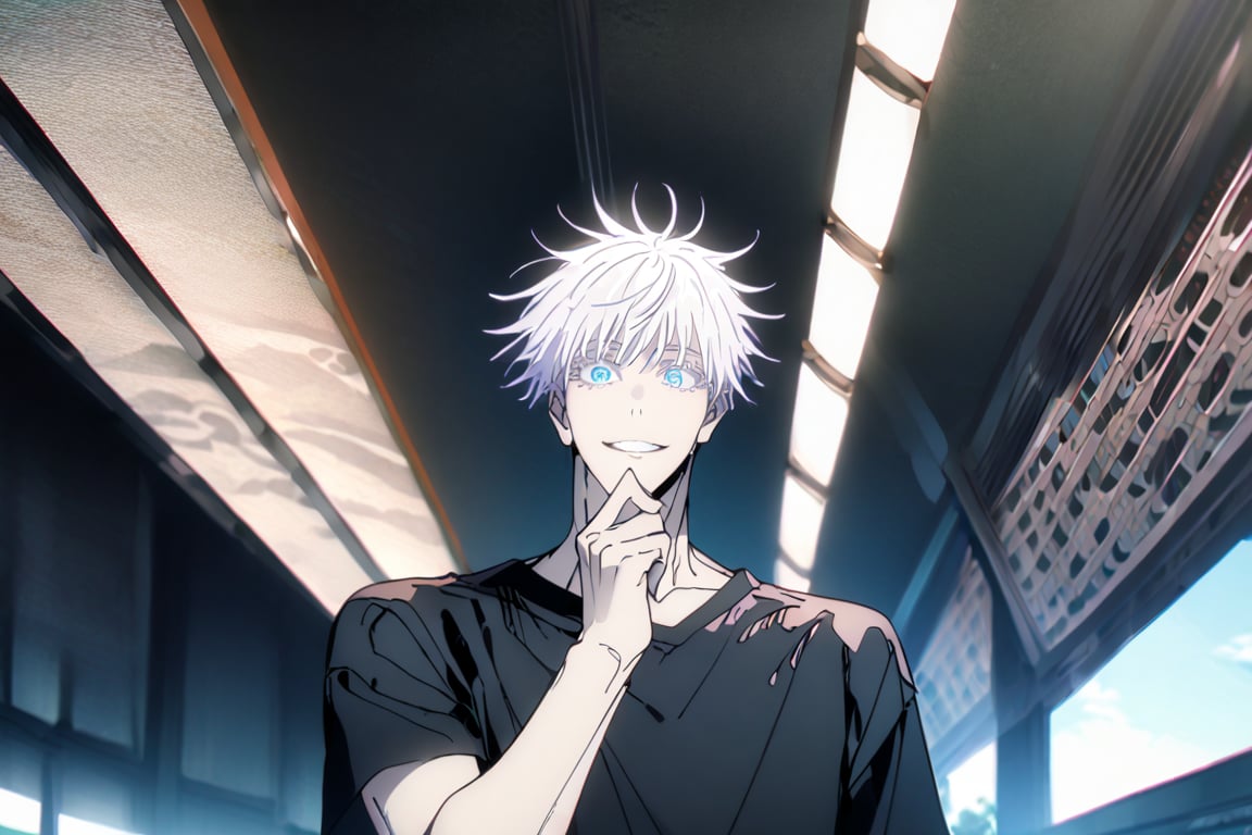 solo, looking at viewer, smile, short hair, bangs, blue eyes, shirt, 1boy, upper body, white hair, short sleeves, male focus, outdoors, parted lips, hand up, black shirt, colored eyelashes, in bedroom, gojou satoru, satorugojo.