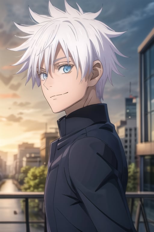 solo, looking at viewer, smile, short hair, bangs, ice blue eyes, 1boy, hair between eyes, closed mouth, white hair, male focus, portrait, wear white suite,best quality,gojo satoru,Jujutsu Kaisen,Beautiful,,Painting 