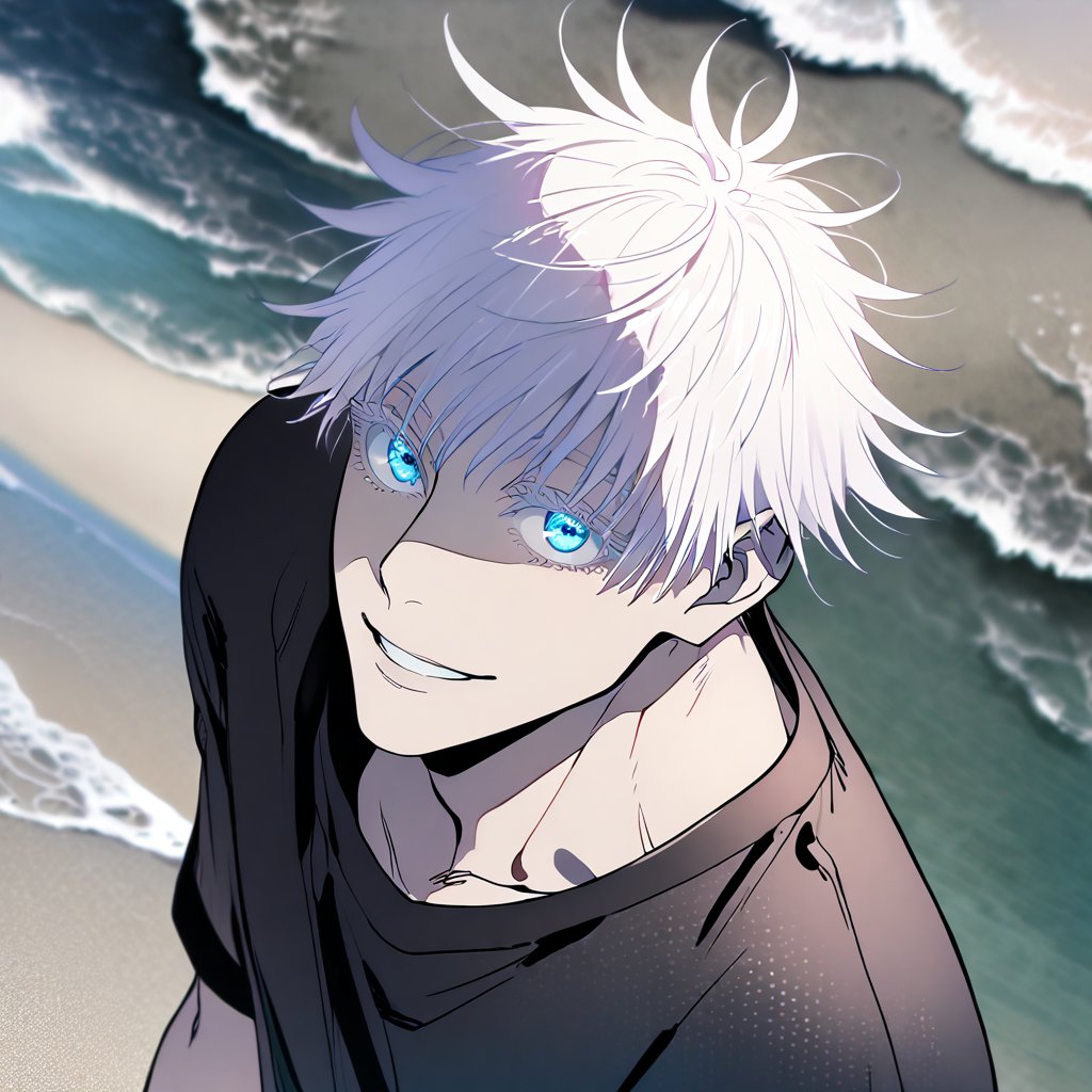 solo, looking at viewer, smile, short hair, bangs, blue eyes, shirt, 1boy, upper body, white hair, short sleeves, male focus, outdoors, parted lips, hand up, black shirt, colored eyelashes, in beach, gojou satoru, satorugojo