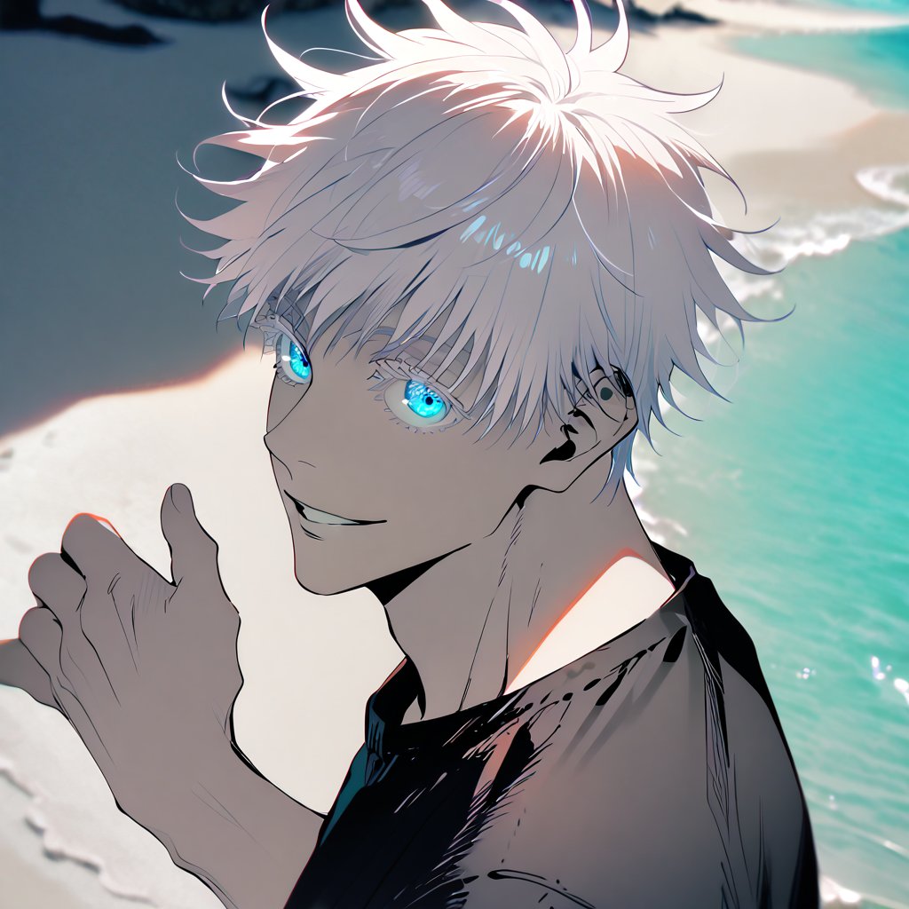 solo, looking at viewer, smile, short hair, bangs, blue eyes, shirt, 1boy, upper body, white hair, short sleeves, male focus, outdoors, parted lips, hand up, black shirt, colored eyelashes, in beach, gojou satoru, satorugojo