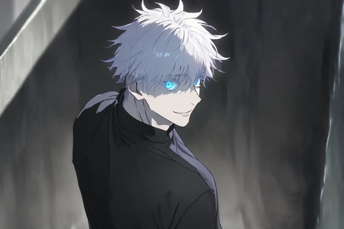 solo, looking at viewer, smile, short hair, bangs, blue eyes, shirt, 1boy, upper body, white hair, short sleeves, male focus, outdoors, parted lips, hand up, black shirt, colored eyelashes, gojou satoru, satorugojo