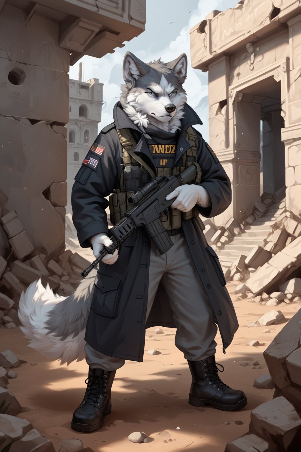 score_9,score_8_up, score_7_up,furry,anthro,detailed fur,body fur,fluffy, male, Siberian Husky, grey and white fur, light grey hair, blue-grey eyes, fluffy tail, emotionless eyes, scowling, full body, an assault rifle held in both hands, black long coat over dark grey and black uniform, no flag patch, black combat boots, in ruins, in combat