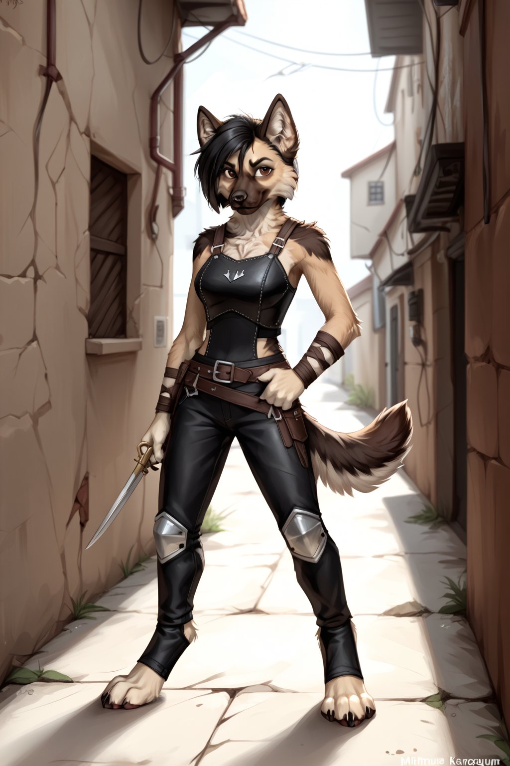 score_9,score_7_up,furry,anthro, female, (masterpiece), best quality, expressive eyes, perfect face furry, anthromorphic Husky/ German Shepherd crossbreed, black and tan fur, white fur on chest, short black hair in a bob cut, furry tail, paws are white furred, brown eyes, fantasy rogue, holding a dagger in each hand, crouched in shadows, black full body leather armour, has a smirk on her face, slim build, in a back alley , knife, weapon,Unsheathing,detailed fur,body fur,tuft, nightime