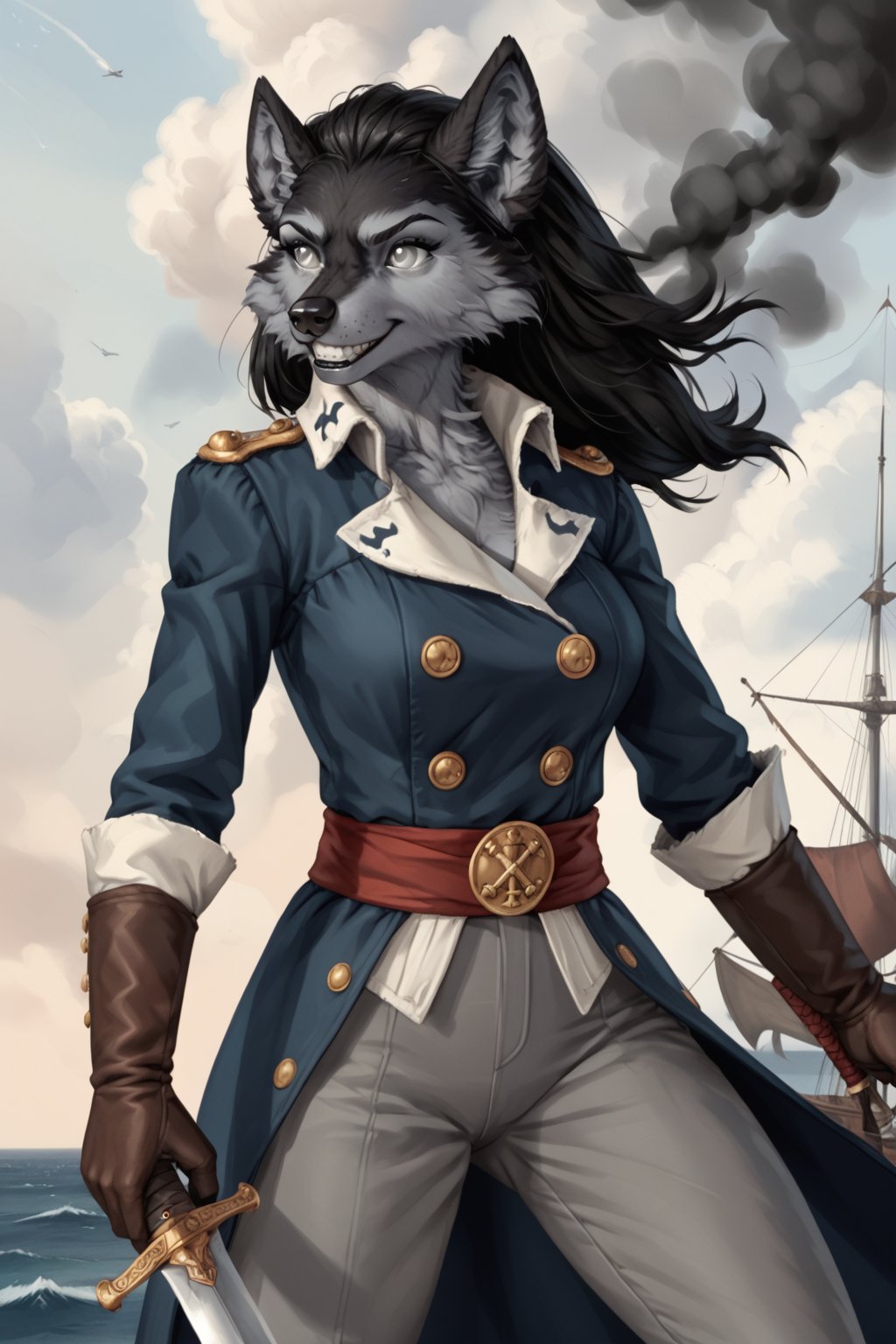 score_9,score_7_up,furry,anthro,detailed fur,body fur,tuft,fluffy, a female wolf pirate queen with (pure black fur) and long black hair, grey eyes the color of storm clouds, a mischievous expression and grin, BREAK, wearing a blue longcoat of the style of the 1700s with silver buttons and grey trousers, 1700s captain's boots, holding a cutlass sword, BREAK, raiding a tall ship, smoke fills the air