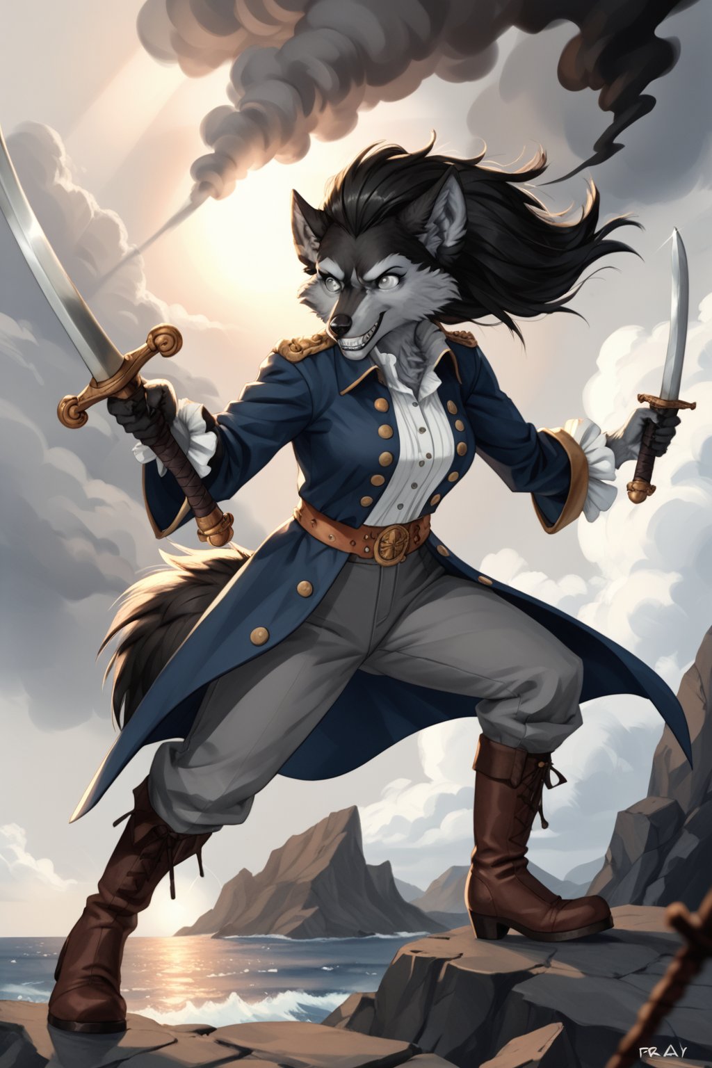 score_9,score_7_up,furry,anthro,detailed fur,body fur,tuft,fluffy, a female wolf pirate queen with (pure black fur) and long black hair, grey eyes the color of storm clouds with black pupils, a mischievous expression and grin, BREAK, wearing a blue longcoat of the style of the 1700s with silver buttons and grey trousers, 1700s captain's boots, holding a cutlass sword, BREAK, raiding a tall ship, smoke fills the air, dynamic pose, dynamic lighting, dynamic shadows, fighting a skeleton