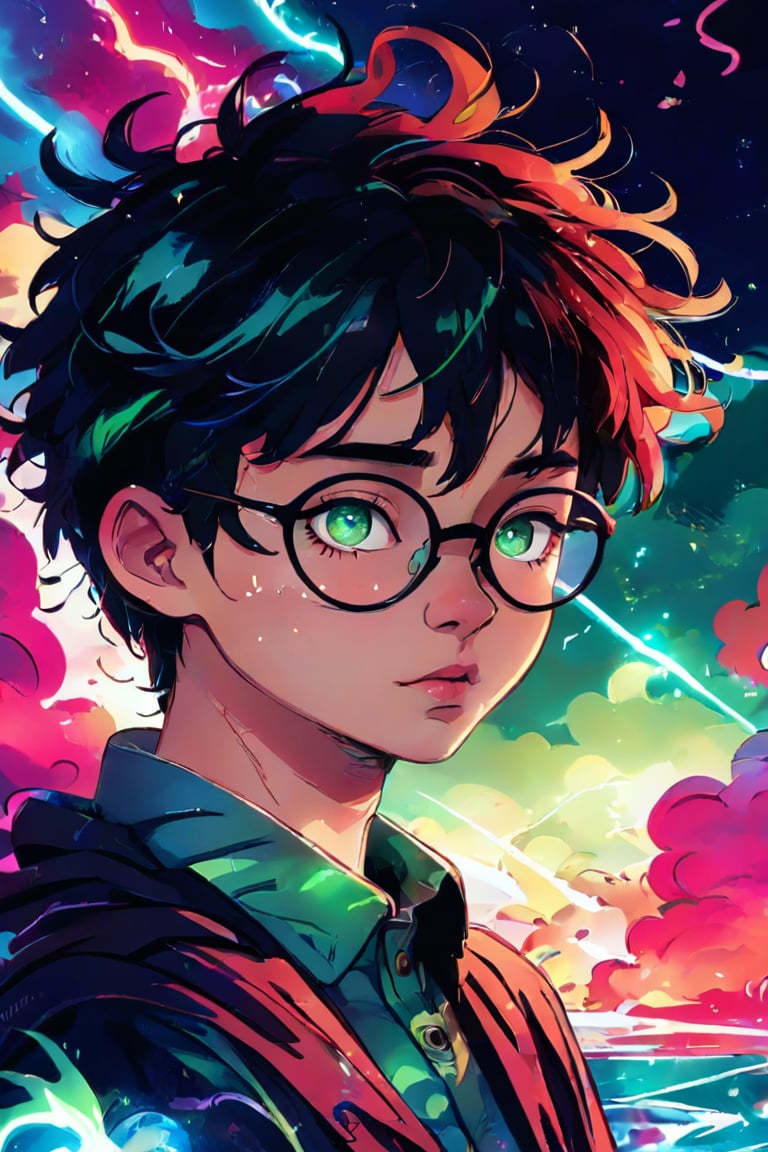 Anime style, retro style, highly detailed, masterpiece, fantasy art,  solo,Harry Potter, looking straight up, parted lips, blurry, eyelashes, excellent quality, light particles, water drop, stunning_image, Anime art style, vspop, rich color,kidz, Messy hair, green eyes, glasses, lightning scar, slender, round face.