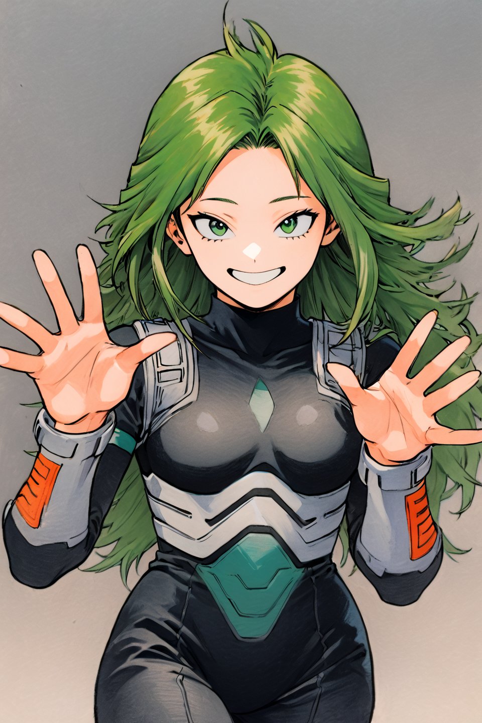 1girl, solo, green hair, green eyes, big smile, concert, looking at viewer, traditional media, emi fukukado, my_hero_academia, longhair, bodysuit, holdinghands