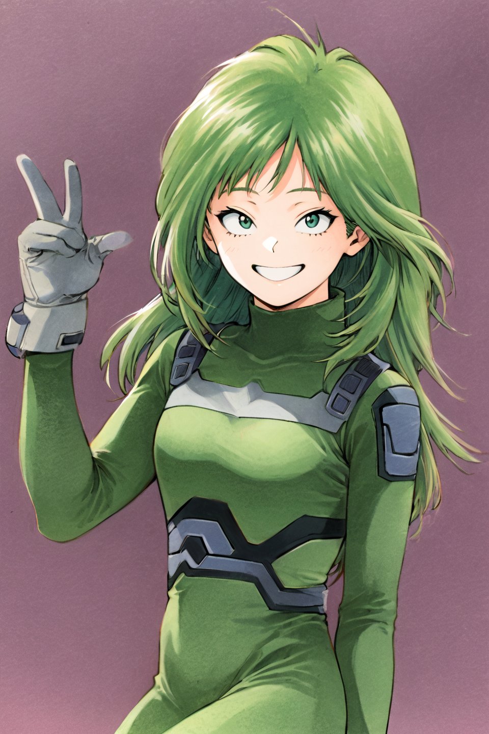 1girl, solo, green hair, green eyes, big smile, hand_up, concert, looking at viewer, traditional media, emi fukukado, my_hero_academia, longhair, bodysuit