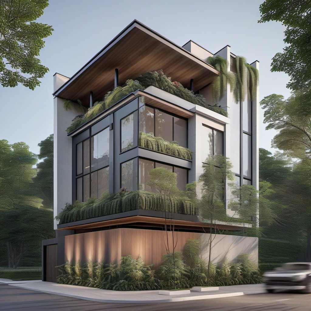 A highly realistic depiction of a modern two-story residential building, designed with the sophistication of a design emporio architect, set outdoors during the day. The scene features a clear blue sky, mature trees, and a variety of plants enhancing the natural beauty of the surroundings. The building stands prominently with its sleek, contemporary architecture, large glass windows, and minimalist facade. The paved road and overhead power lines add to the authentic urban setting. The lighting is natural, casting sharp shadows and highlighting the intricate details of the architecture. The absence of humans emphasizes the serene and polished ambiance of the scene.