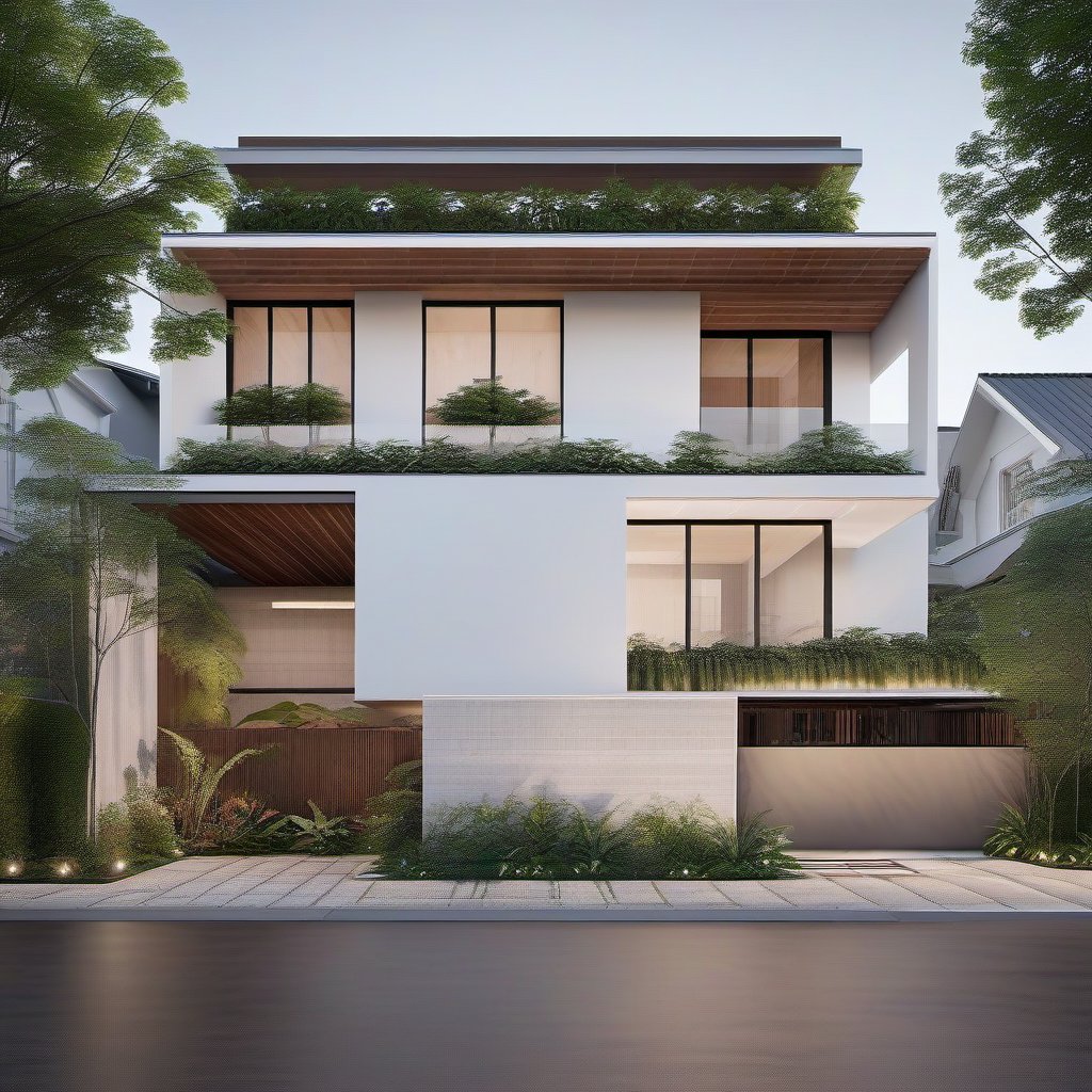 A minimalist house design with expansive glass panels that create an open and airy feel, allowing natural light to illuminate the interiors. The exterior features a harmonious blend of wood and natural stone, adding warmth and texture to the modern design. The walls are painted in a clean white color, enhancing the minimalist aesthetic. Realistic plants and trees are strategically placed around the house, creating a serene and harmonious environment. The design is rendered using Corona, capturing the materials, lighting, and overall atmosphere in high detail, reflecting the elegance and simplicity of Emporio Architect's style. The render emphasizes the interplay of light and shadow, highlighting the clean lines and natural materials that define the house's contemporary allure.