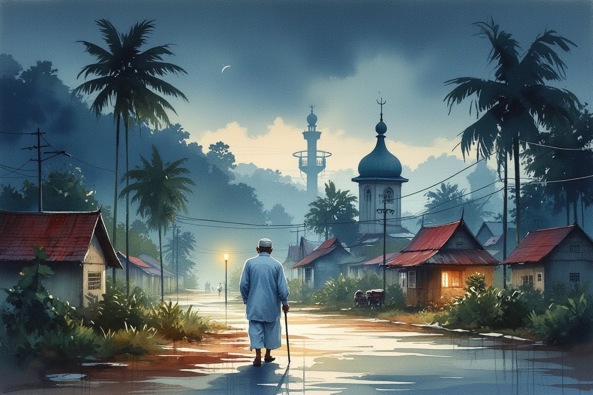 Splash watercolor and alcohol ink realistic painting of an elderly man in white robe and prayer cap, walking cane, approaching a beautiful mosque with dome and minaret. Serene. Soft early night, dark background, streetlight, blue hour with a dramatic sky. Rural street, Malay village, lush greenery, coconut trees, power poles and wires, small dome mosque with minaret and crescent moon