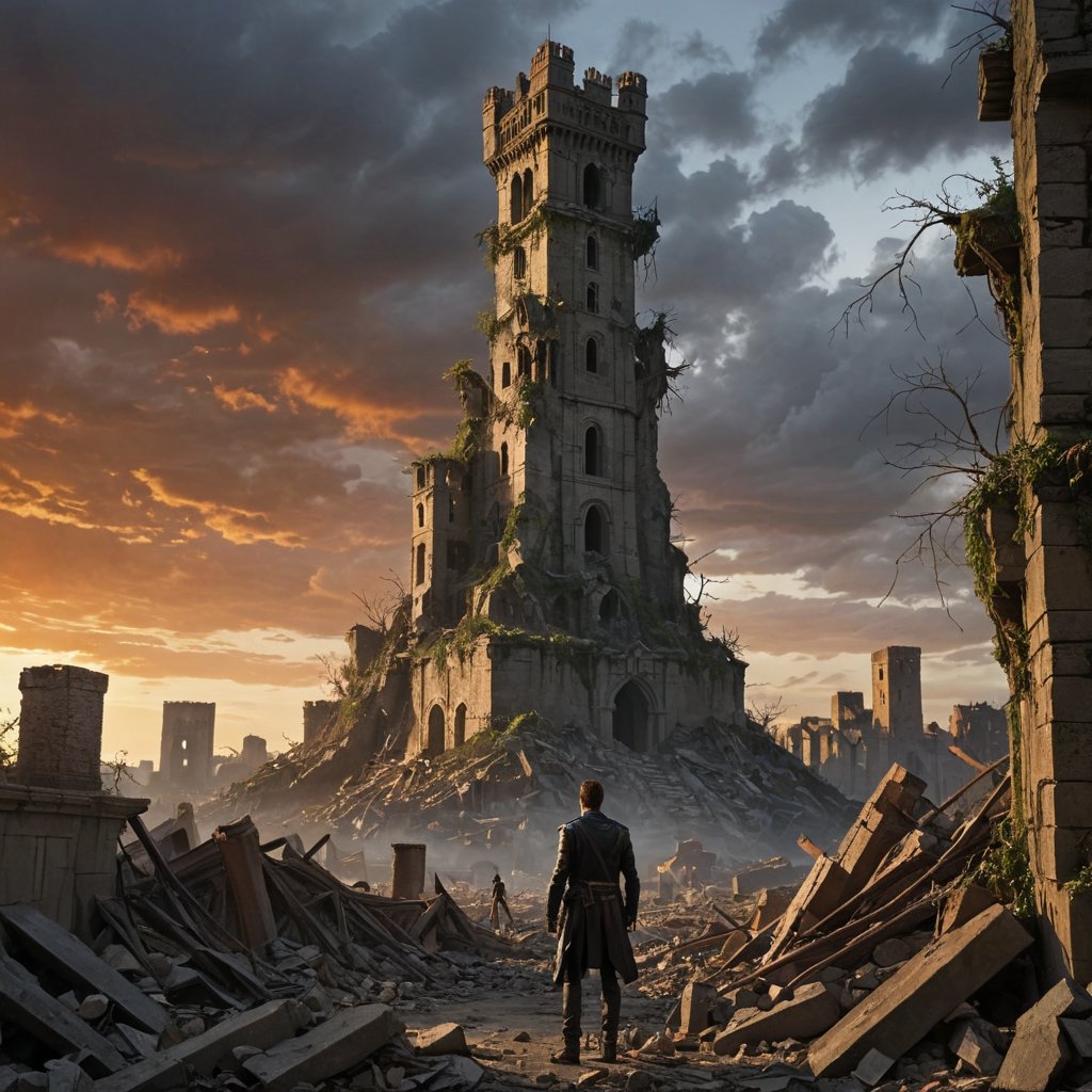 A hauntingly beautiful scene unfolds as an ancient tower rises from the ruins of a metropolis. The metallic spires pierce the darkened sky with dramatic dark orange clouds, casting long shadows across the desolate landscape. Crumbling walls are overgrown with vines and debris, while in the foreground, a man in a black leather jacket walks atop a pile of rubble towards the tower while gazing out upon the ruinous vista with a mixture of longing and defiance.