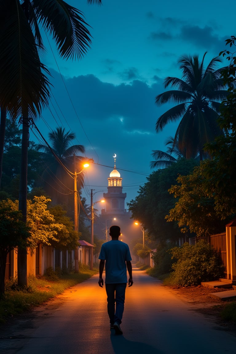 A tranquil scene unfolds as a man walks towards the illuminated mosque, view upwards from the street level. Soft night lights cast a serene ambiance, blending orange and yellow hues. The blue hour sky above is dramatic, with dark shadows beneath. Rural streets are lined with lush greenery, coconut trees, power poles, and wires. In the distance, the small dome mosque stands out, its minaret and crescent moon shining brightly.