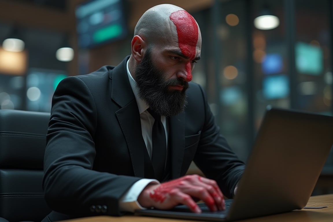 Kratos god of wallstreet,traders, black suit, working with his laptot at, very angry cuz he lose a trade, hitting the laptopt